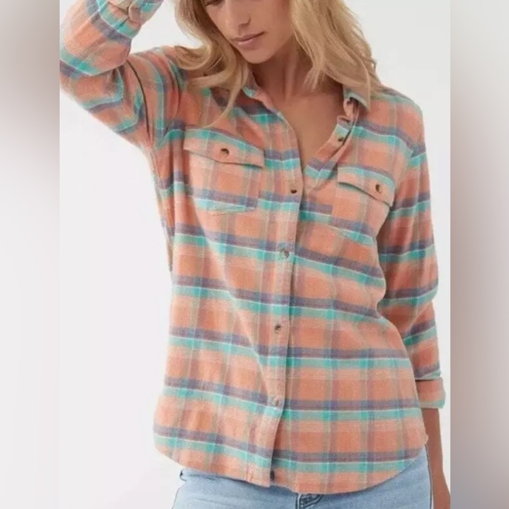 *NWT* O’Neill Nash Flannel Standard Fit Shirt, Sz XS, Peach/Orange, Green, Plaid